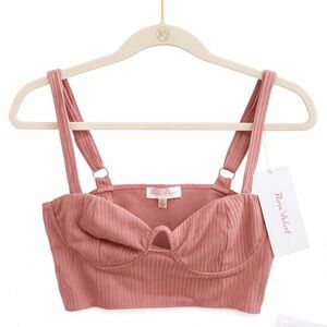Rose Velvet Ribbed Bustier Crop Top Dusty Pink Corset Style NWT
